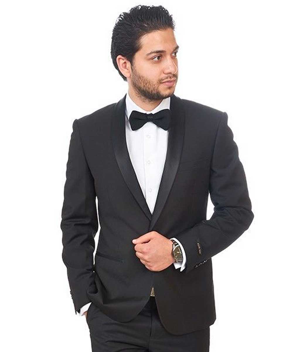 کت و شلوار مشکی با ساعت و پیرهن مشکی و پاپیون شیک مردانه عید 99