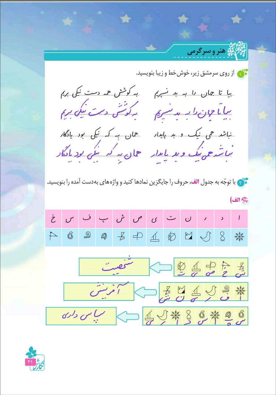جواب هنر و سرگرمی صفحه 21 نگارش ششم