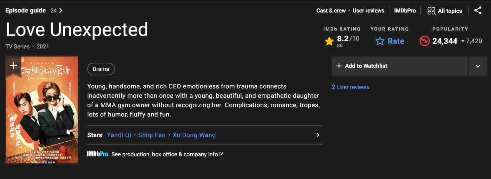 مشخصات IMDB سریال چینی عشق غیر منتظره