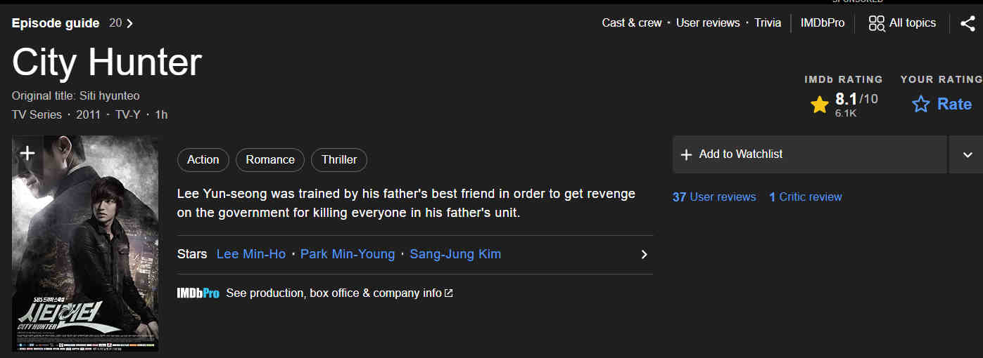 مشخصات IMDB سریال شکارچی شهر