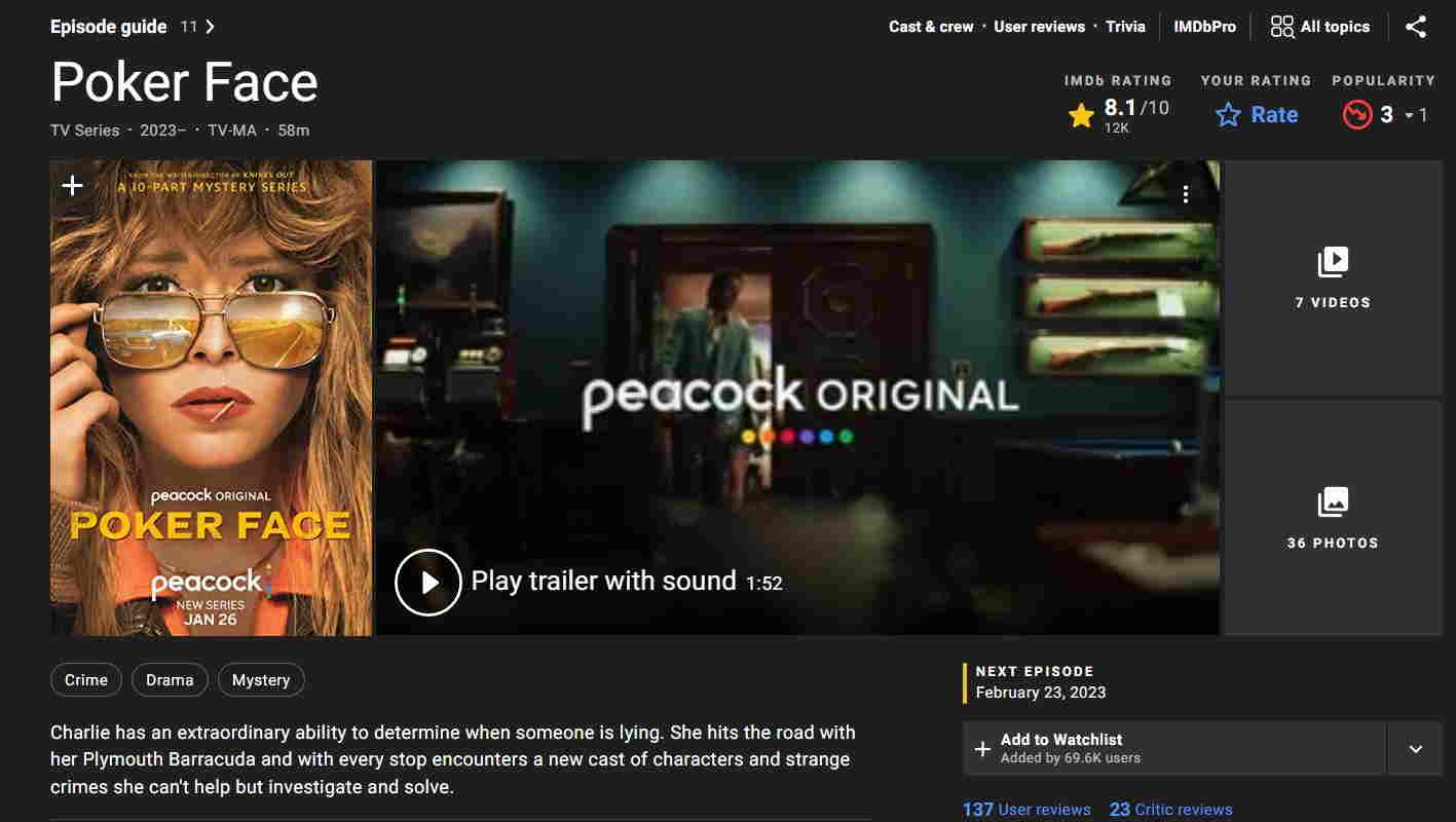 مشخصات IMDB سریال پوکر فیس