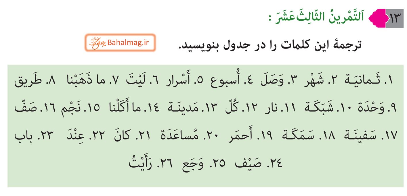 جواب التمرین الثالث عشر صفحه 21 عربی هشتم قسمت 1