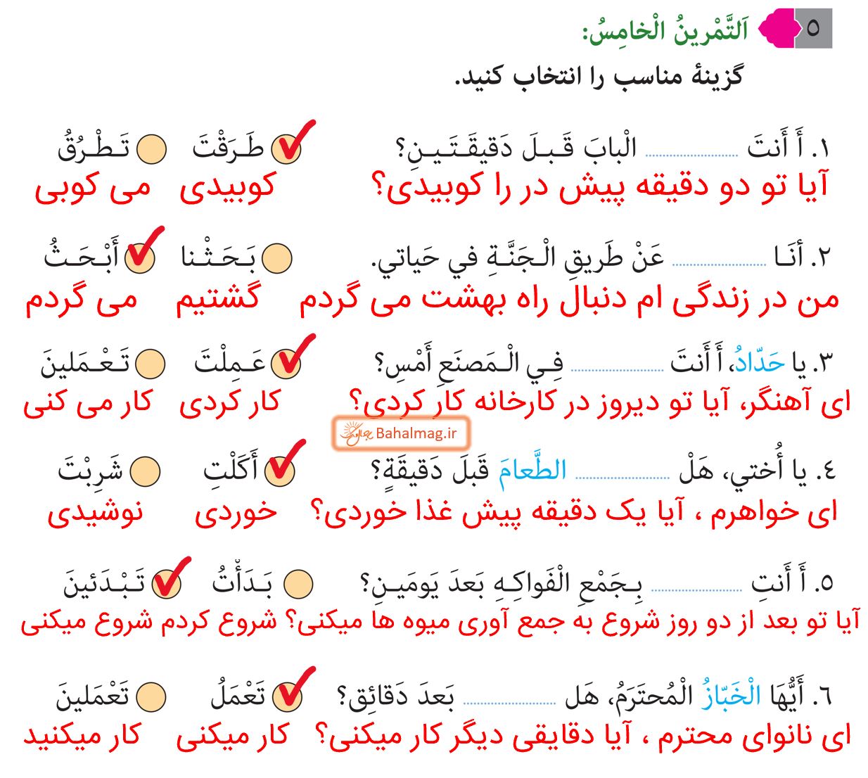 جواب التمرین الخامس صفحه 31 عربی هشتم