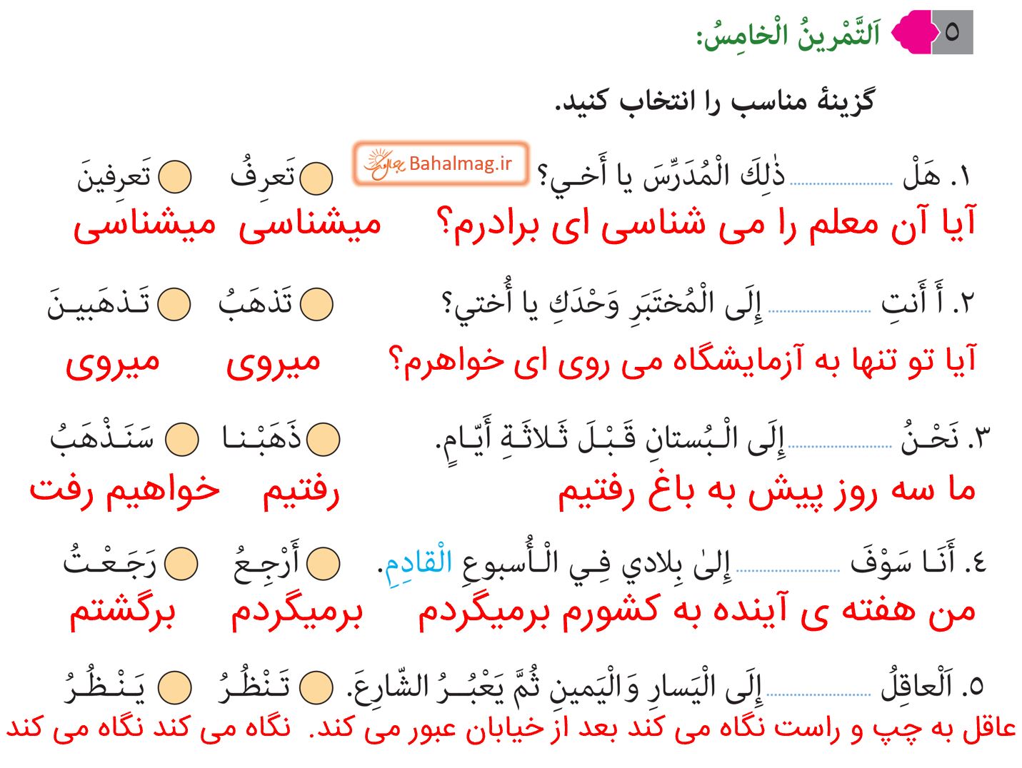 جواب التمرین الخامس صفحه 56 عربی هشتم