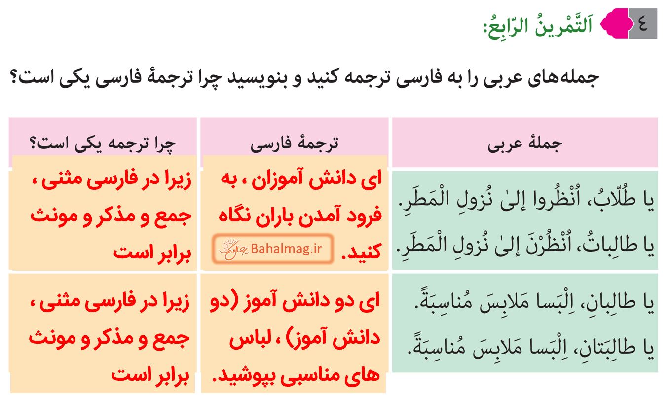 جواب التمرین الرابع صفحه 57 عربی نهم