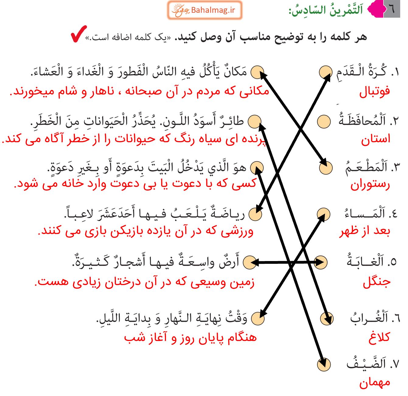 جواب التمرین السادس صفحه 18 عربی نهم