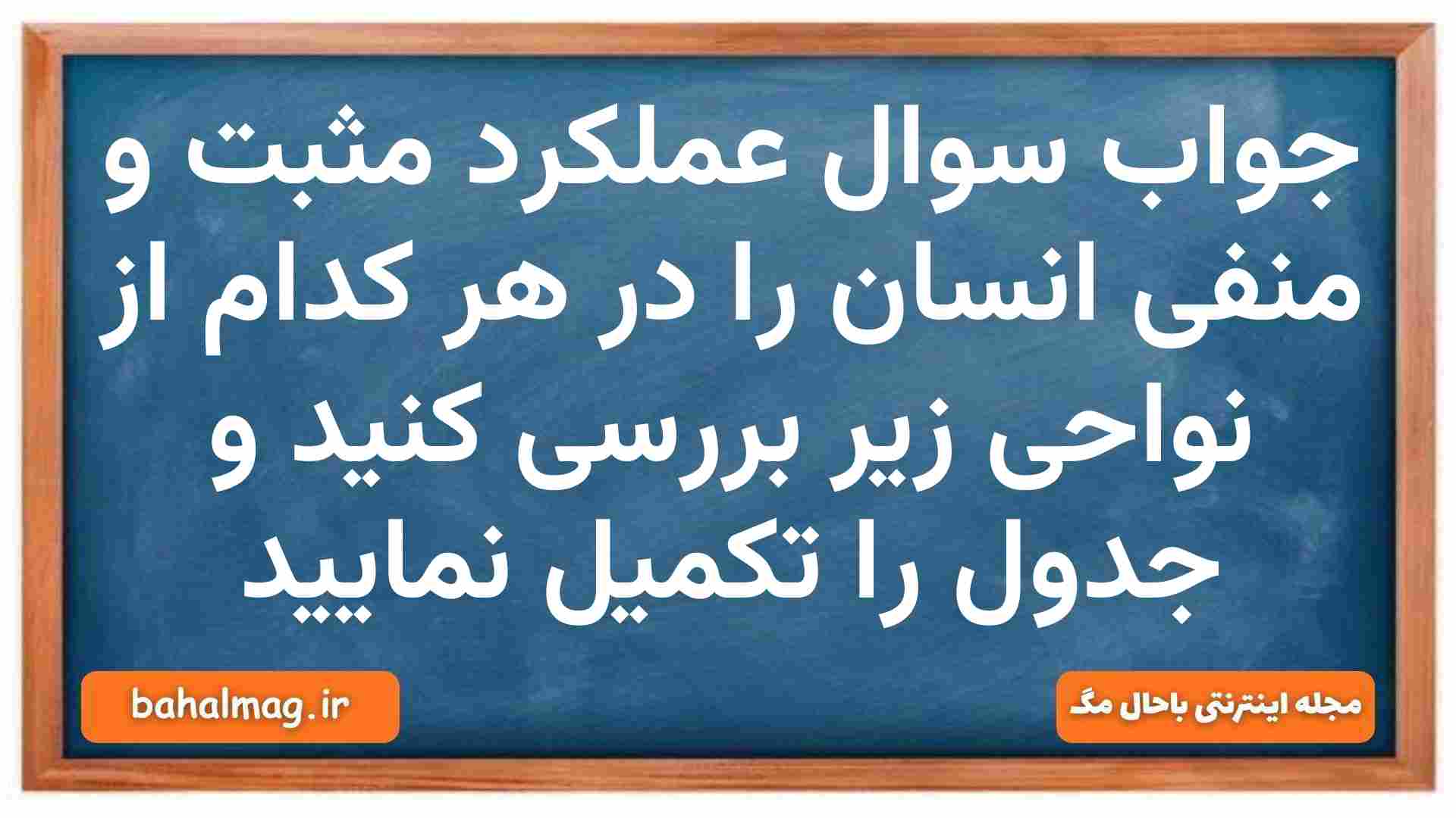 جواب سوال عملکرد مثبت و منفی انسان را در هر کدام از نواحی زیر بررسی کنید و جدول را تکمیل نمایید